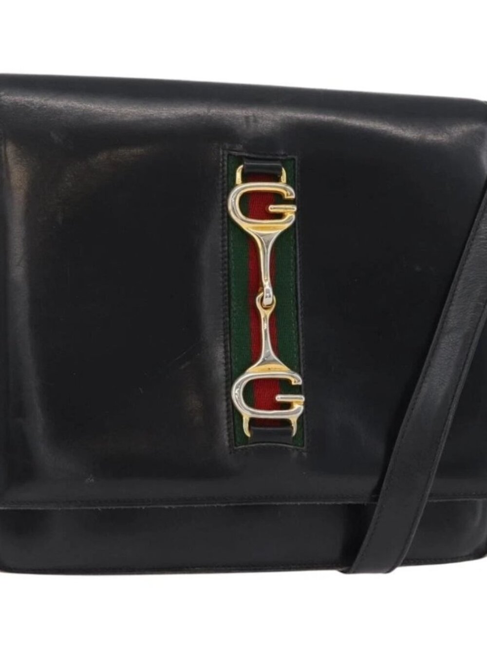 GUCCI Horsebit Web Sherry Line Shoulder Bag Leather Black Gold Auth